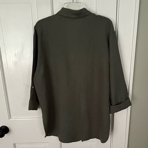 NWOT Chico’s 100% Linen Duster Slits Longline  Lagenlook Army Green Size 8/10 - Picture 6 of 10